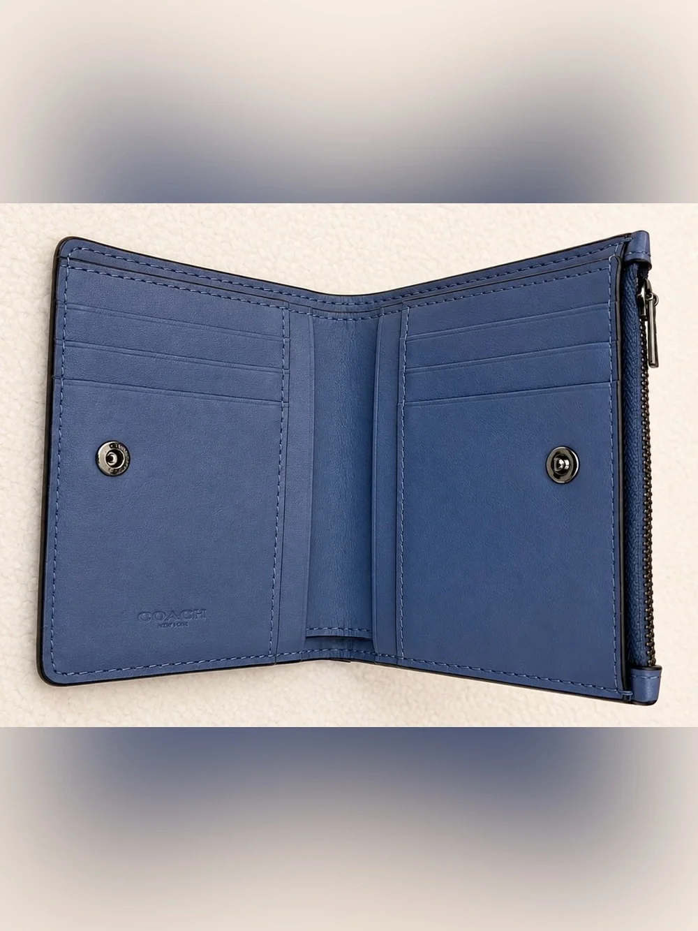 Coach Blue Leather Bifold Wallet Zip Coin Pocket Card Case Snap Closure